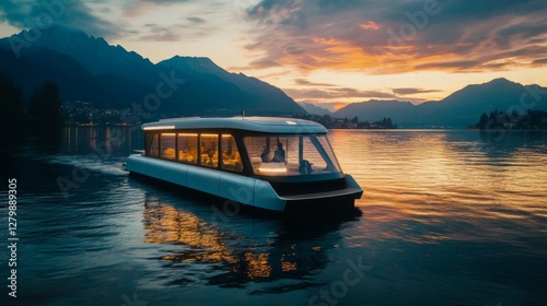 Modern boat on lake at sunset, scenic mountain backdrop, potential travel or leisure use