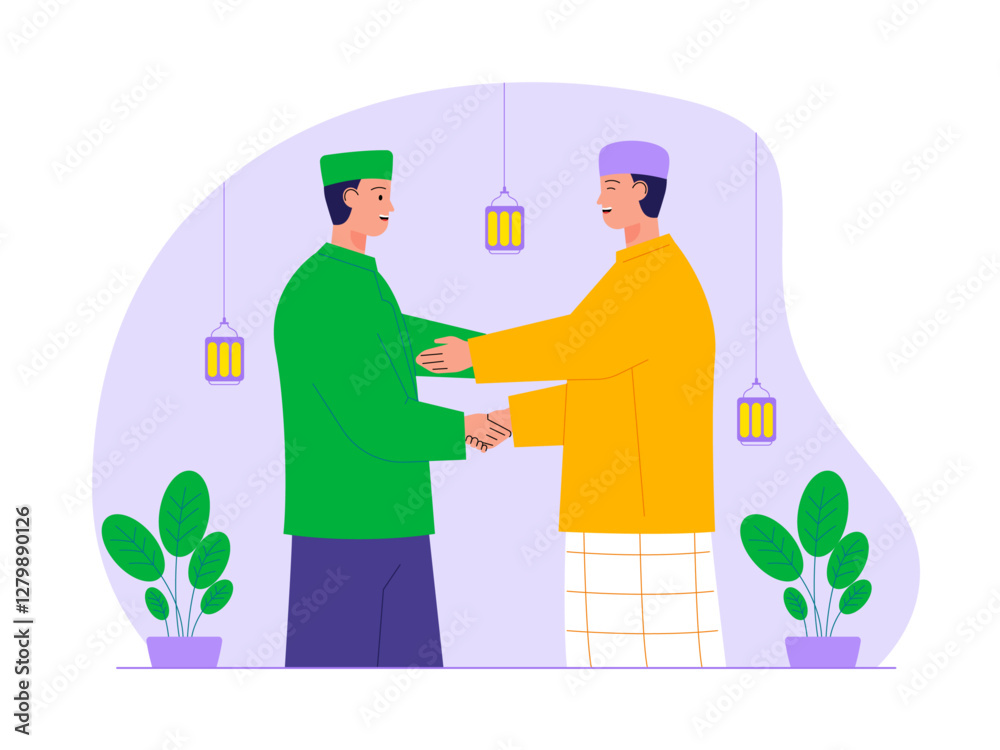 Fototapeta premium Muslim man wishing ramadan Eid each other Illustration. Eid illustration. Flat vector illustration concept.