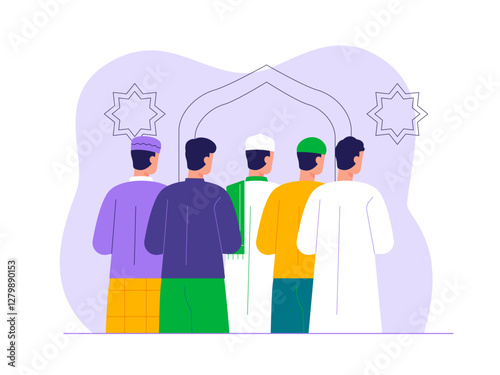 Muslims doing namaz in front of mosque Illustration. Eid illustration. Flat vector illustration concept.