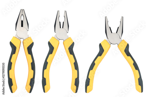 set yellow black pliers, plier tool isolated white background. industry tools	