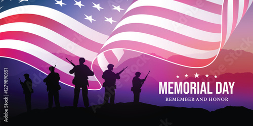 Memorial day background illustration - remember and honor text - Soldier silhouette overlay on American flag over mountains