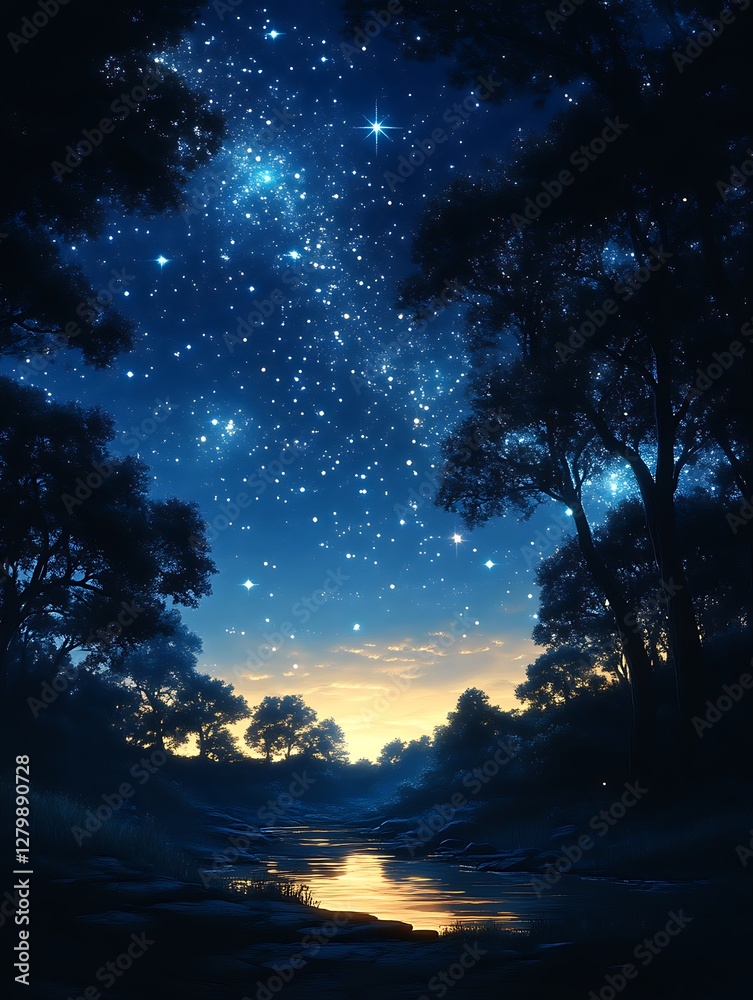 Starry night forest by river Starry night forest by river