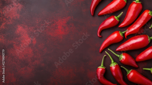 Fresh red jalapeno peppers arranged on dark background, showcasing their vibrant color and unique shape, perfect for culinary use or decoration