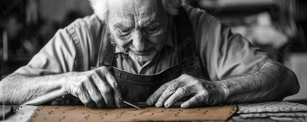 Fototapeta premium Classic black and white portrait of an elderly craftsman working with leather, hands detailed with years of skill and dedication