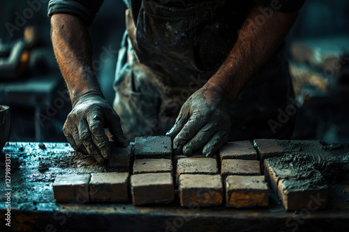 Blacksmith working in an industrial workshop using tools and equipment photo