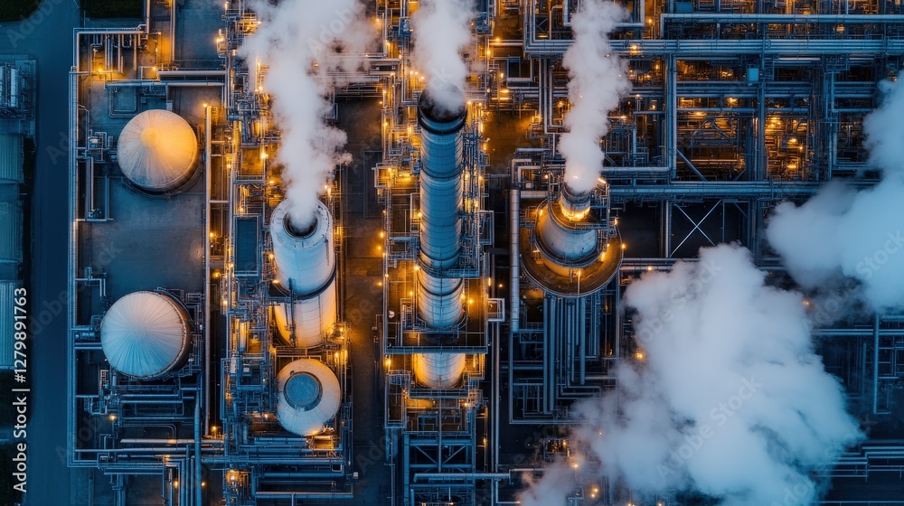 Aerial view of an industrial refinery at night, showing complex network of pipes, tanks, and towers emitting steam. Aerial view of an industrial refinery at night, showing complex network of pipes, tanks, and towers emitting steam.
