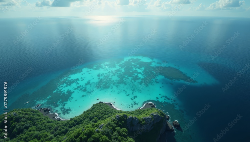 Aerial view of lush island and turquoise reef waters