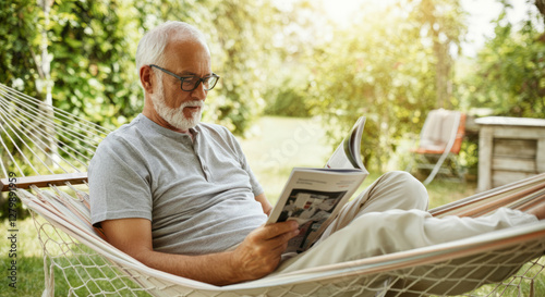 An older man is reading a magazine while lying in a hammock