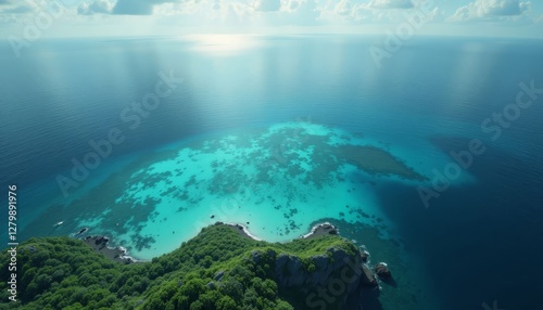 Obraz na płótnie Aerial view of lush island and turquoise reef waters w salonie
