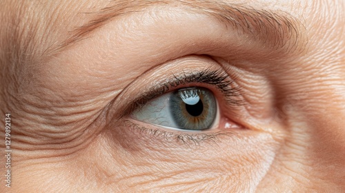 Macro close up capturing eye wrinkles on an aging female, highlighting the visible signs of aging and emphasizing the importance of cosmetic treatments for rejuvenation photo