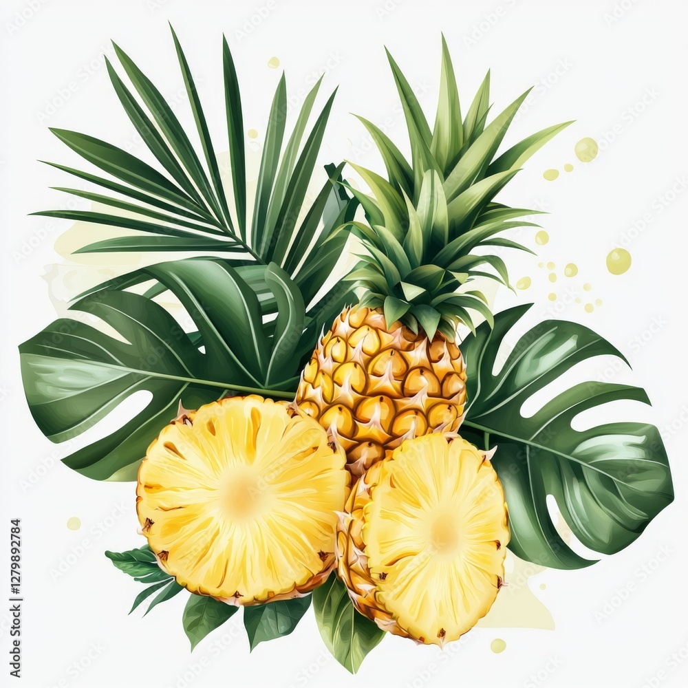 Fototapeta premium Fresh and Tropical Pineapple with Green Palm Leaves and Exotic Foliage Ideal for Nature and Food Themes
