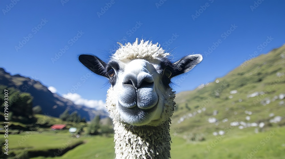Obraz premium Curious Alpaca Standing in Green Grassy Field with Snowy Mountain Peaks in the Peruvian Andes Highlands South America