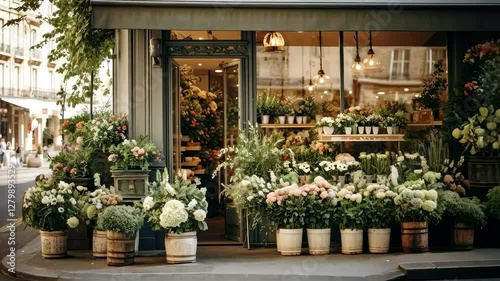 Street-level video angle capturing a charming flower shop with vibrant blooms in pots, showcasing a quaint, inviting urban scene.