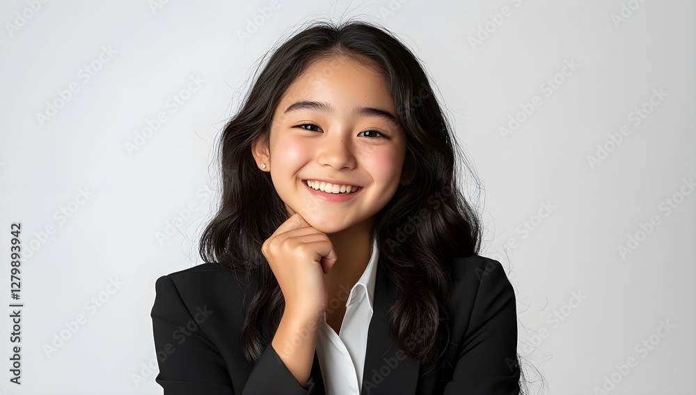 顔に手を当てて考える女子生徒, Female student thinking with her hand on her face and smiling looking at the camera 顔に手を当てて考える女子生徒, Female student thinking with her hand on her face and smiling looking at the camera