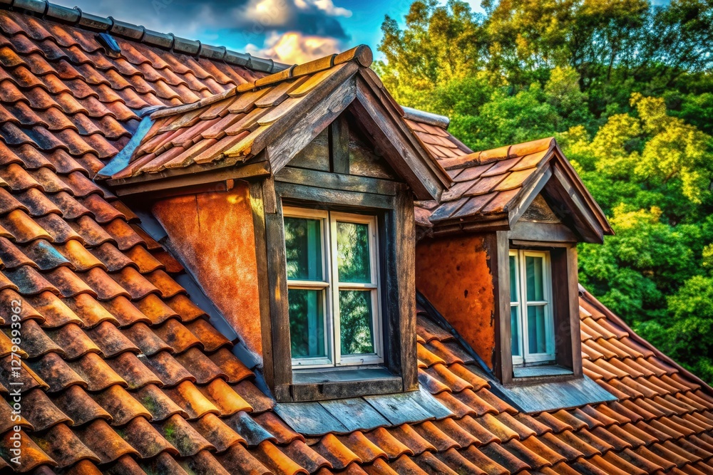 Charming attic dormer's roof tiles, rustic architectural detail, candid exterior house photo. Charming attic dormer's roof tiles, rustic architectural detail, candid exterior house photo.