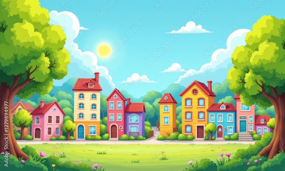 Cartoon Houses on Sunny Street with Trees