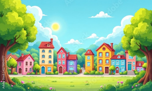Obraz na płótnie Cartoon Houses on Sunny Street with Trees w salonie