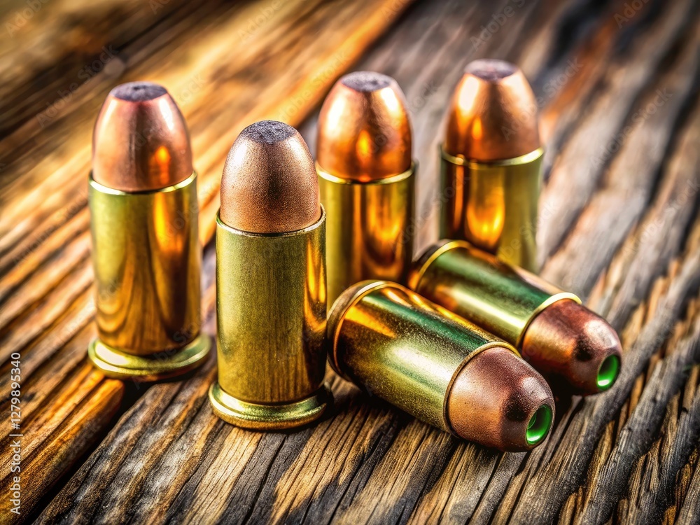 Detailed 9mm ammunition; a candid close-up revealing cartridge texture and markings. Detailed 9mm ammunition; a candid close-up revealing cartridge texture and markings.