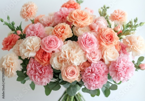 Beautiful bouquet of mixed roses and carnations in soft pastel colors arranged elegantly for floral decoration or event styling