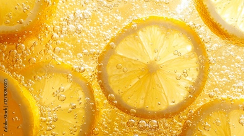 Lemon slices in sparkling water, refreshing drink, sunlight, top view, for beverage advertisement photo