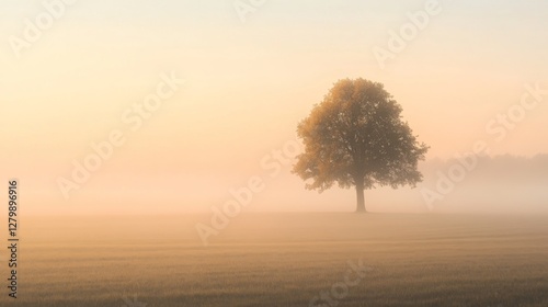 Lonely tree in a foggy field at dawn. Peaceful morning scene. Possible use Nature photography, wallpaper photo