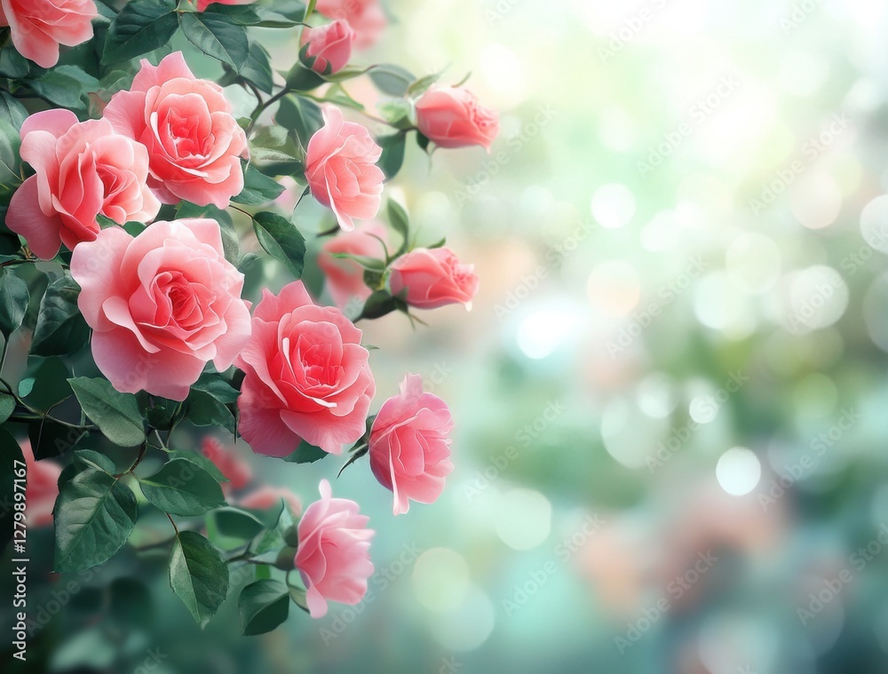 Beautiful Pink Roses in Bloom Against a Soft Bokeh Background Creating a Romantic and Serene Atmosphere in Nature for a Stock Photo Collection Beautiful Pink Roses in Bloom Against a Soft Bokeh Background Creating a Romantic and Serene Atmosphere in Nature for a Stock Photo Collection