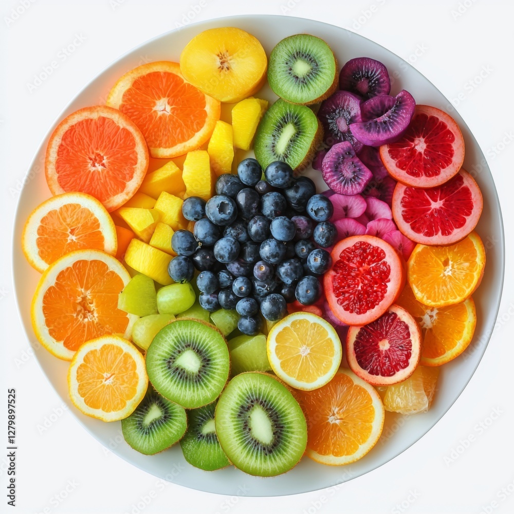 Vibrant Display of Freshly Cut Fruits in a Circular Arrangement on a White Plate Vibrant Display of Freshly Cut Fruits in a Circular Arrangement on a White Plate