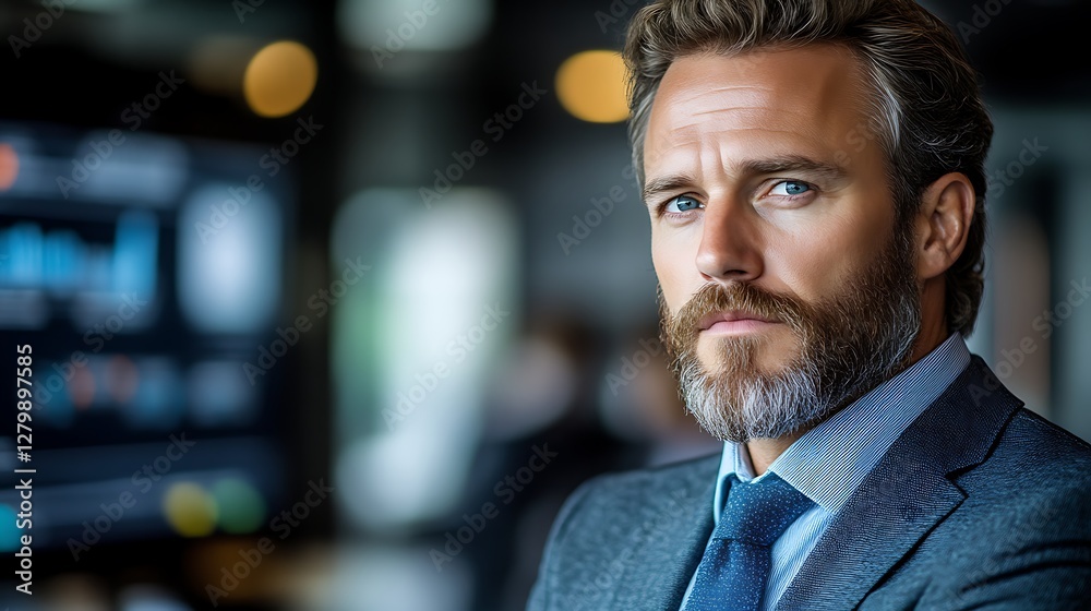 Serious Businessman in Office with Data Screens Serious Businessman in Office with Data Screens