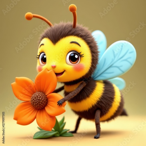 Obraz na płótnie Cute fuzzy bee holds bright orange flower lovingly w salonie