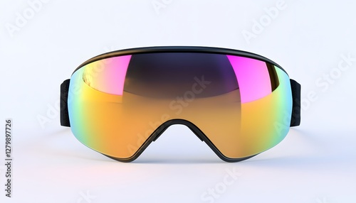 Colorful ski goggles reflect light on a pristine white background