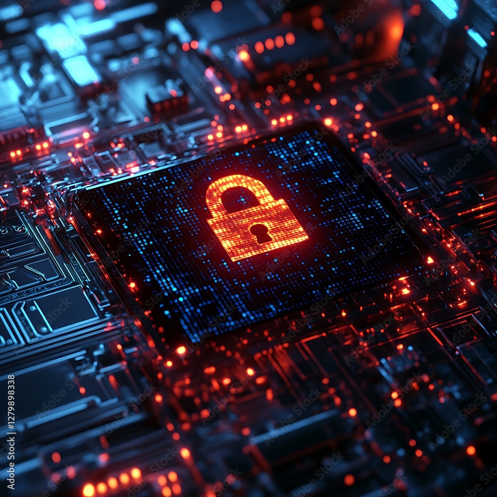 Obraz premium Cyber security chip, digital lock, data protection