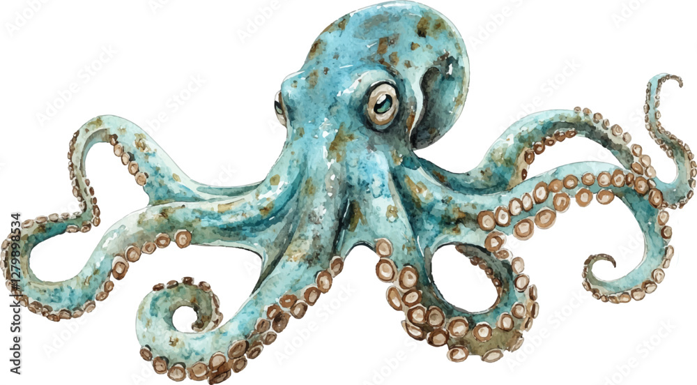 Obraz premium Watercolor octopus, full body view, white background