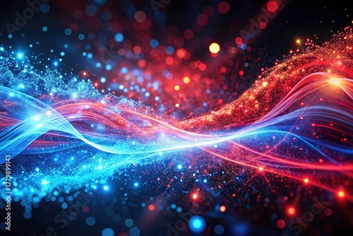 High-resolution abstract background featuring swirling red and blue light particles, evoking motion and energy.