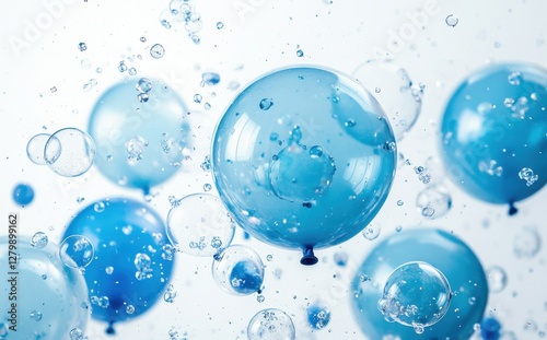 Blue Water Balloons Floating in Clear Water with Bubbles, Creating a Refreshing and Playful Atmosphere Suitable for Summer or Party Themes