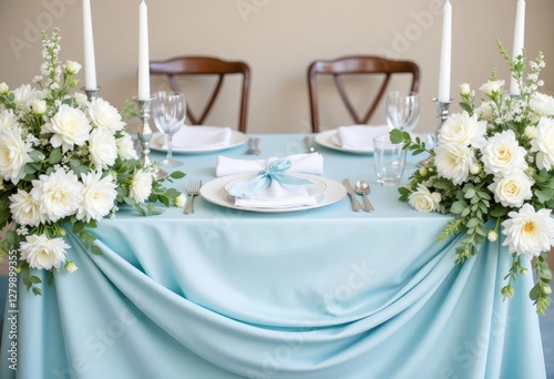 Elegant table setting with white flowers and blue tablecloth