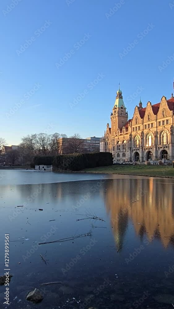 A Beautiful Historic Building Reflected in the Calm Water During a Peaceful Sunrise Scene Hannover Maschsee A Beautiful Historic Building Reflected in the Calm Water During a Peaceful Sunrise Scene Hannover Maschsee