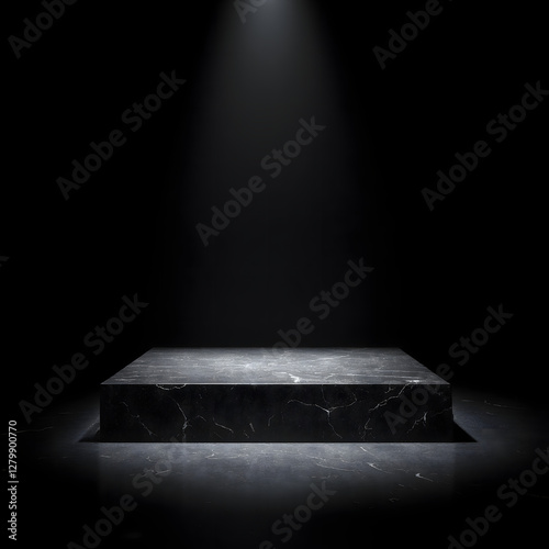 Minimalist black marble podium display with center spotlight. Ideal for showcasing luxury products, presentations, or artistic installations.