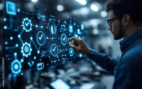Modern business process automation workflow with a businessman interacting with checkmark icons, interconnected gears, and digital flowcharts in a hightech office
