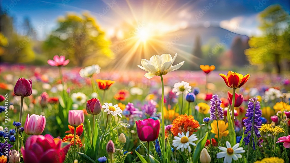 Miniature spring flowers burst into vibrant life in this happy tilt-shift meadow. Miniature spring flowers burst into vibrant life in this happy tilt-shift meadow.