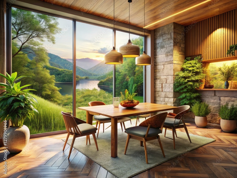 Fototapeta premium Minimalist dining room: warm earth tones, natural textures, inviting ambiance.