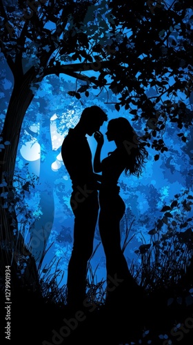 Romantic couple silhouette, moonlit forest, love, fantasy photo