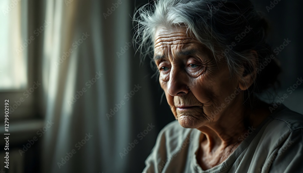 Elderly Woman Portrait Deep in Thought, Aging Process, Grey Hair Elderly Woman Portrait Deep in Thought, Aging Process, Grey Hair