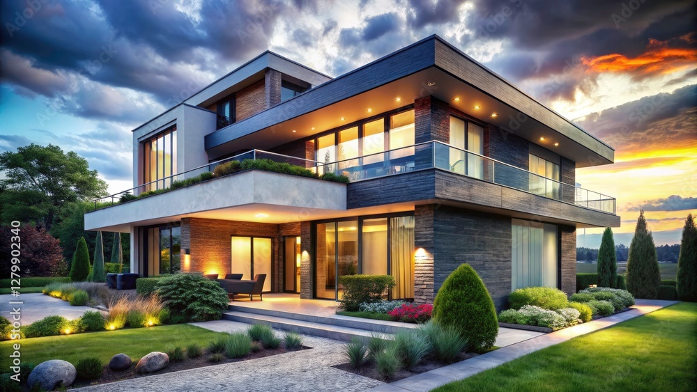 Modern house, sharply detailed exterior. Deep depth-of-field architecture photography reveals exquisite facade design.