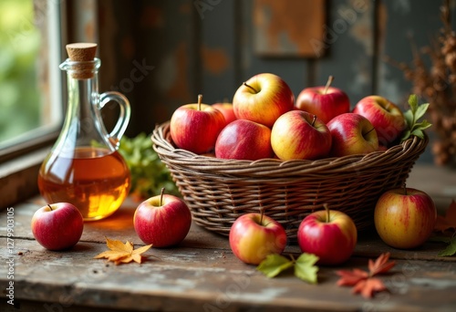 Harvest: Red & Golden Apples with Apple Cider Still Life