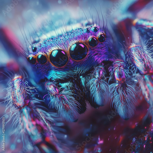 A spider on a dark, black, and red background surrounded by sea creatures like crabs and lobsters, representing nature and the ocean photo