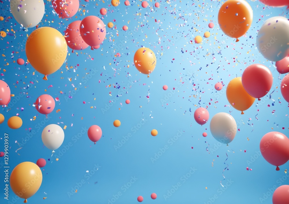 Colorful Balloons and Confetti Floating Against a Bright Blue Sky for Celebrations and Joyous Events Colorful Balloons and Confetti Floating Against a Bright Blue Sky for Celebrations and Joyous Events