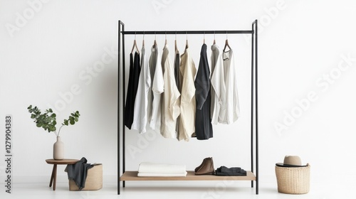 Minimalist Freestanding Clothes Rack on White Background