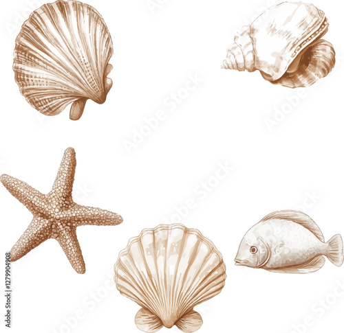 Set of pictures in sepia Vintage watercolor style hand drawn in neutral colors on a white background
