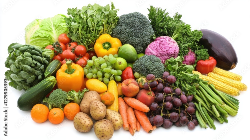 A modern and clean white background with fresh fruits and vegetables, ideal for showcasing a healthy and nutritious diet A modern and clean white background with fresh fruits and vegetables, ideal for showcasing a healthy and nutritious diet