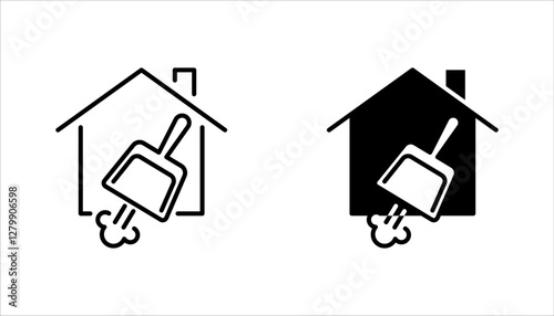 cleaning service icon set, design with house and broom, vector illustration on white background